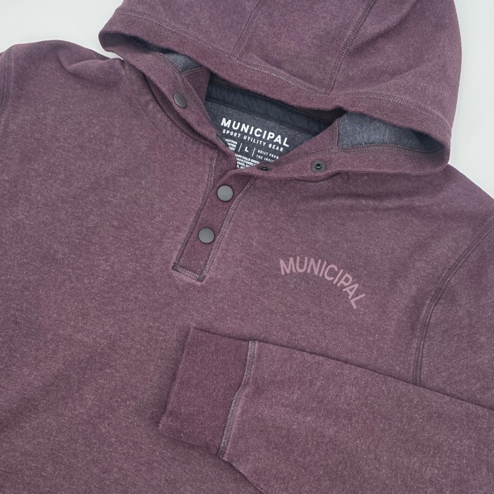 MUNICIPAL COORDLESS SNAP HOODIE MENS LARGE BURGUNDY UTILITY SWEATSHIRT POCKET